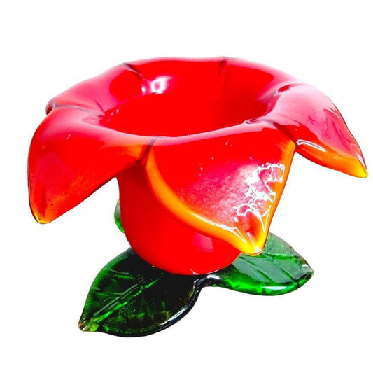 Red Art Glass Flower Votive Tea Light Candle Holder Green Leaf Base 2 3/4"