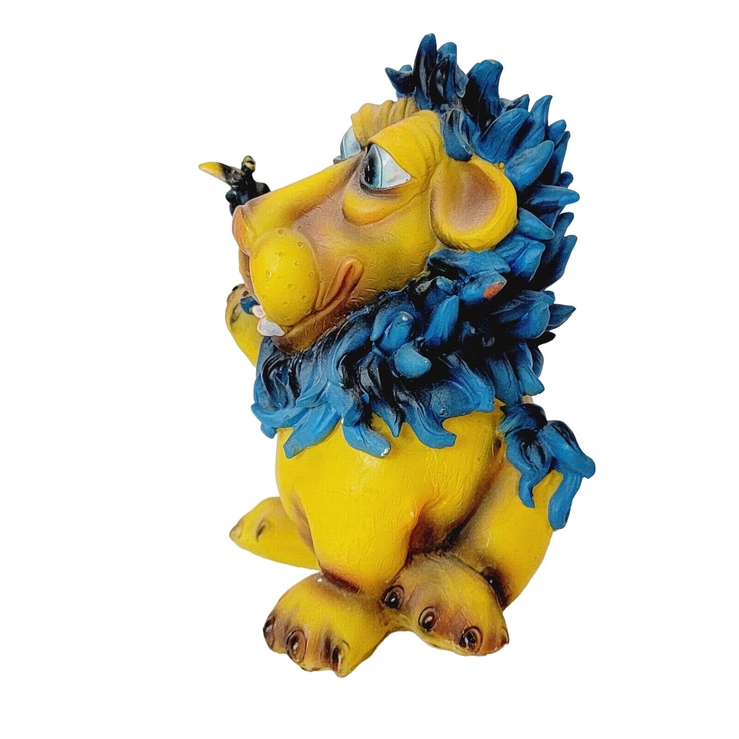 Vintage Lion and Crow Piggy Bank Figurine, Blue Mane Lion Holding Crow Coin Bank