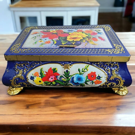 Vintage Fricke & Nacke Western Germany Tin Box Candy Storage Footed 7.5"