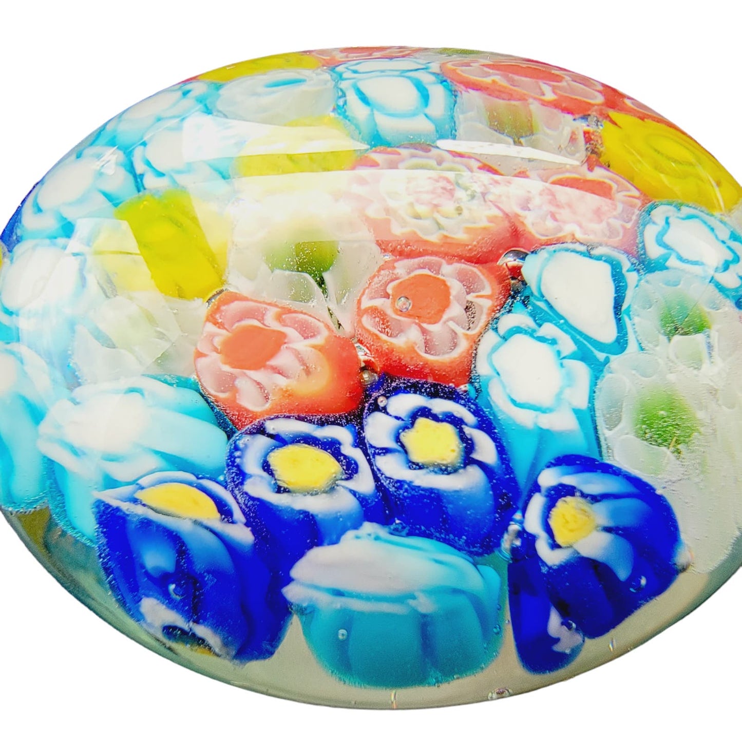 Hand-Blown Art Glass Paperweight, Multicolor Floral Millefiori Style Paperweight