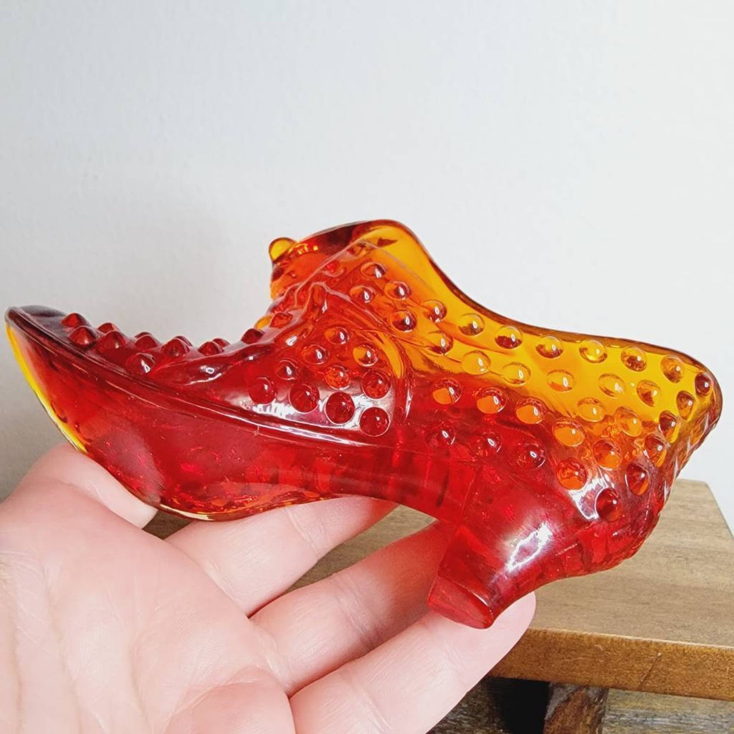 Vintage Fenton Hobnail Cat Head Slipper Figurine Amberina Art Glass Orange 5.5"