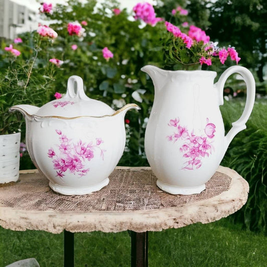 Antique Fine Bohemian China Creamer & Sugar Bowl Set White Pink Floral