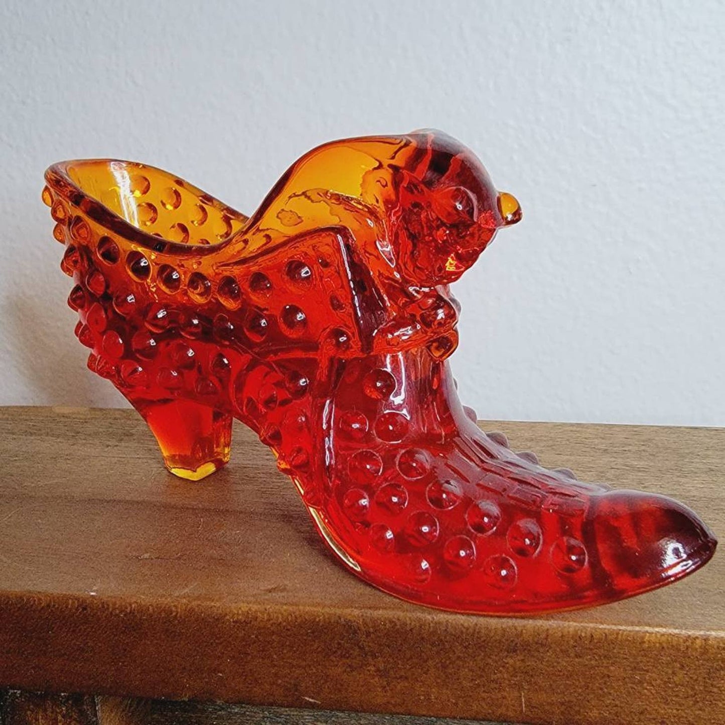 Vintage Fenton Hobnail Cat Head Slipper Figurine Amberina Art Glass Orange 5.5"