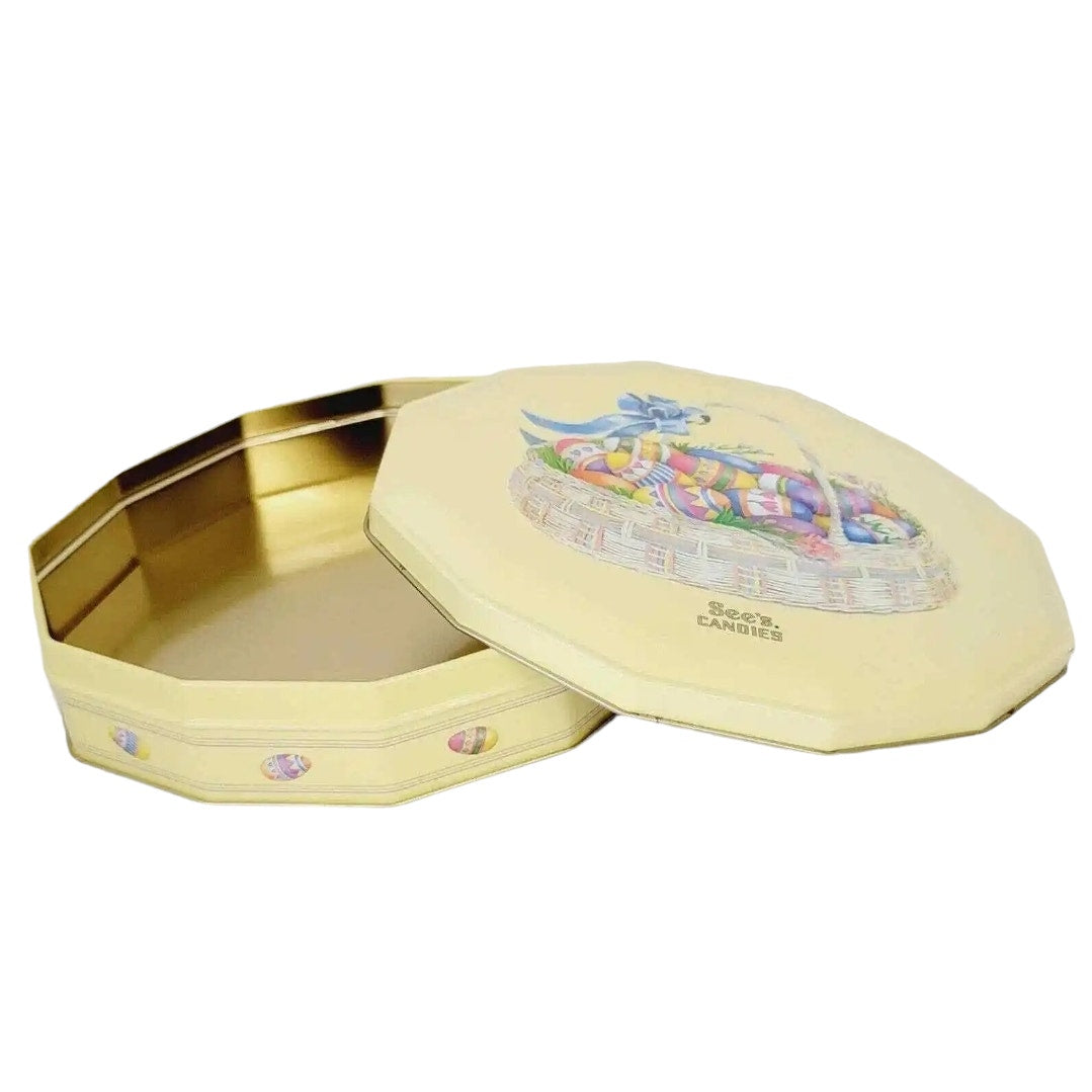 Vintage See's Candies Easter Tin 2004 Octagon Yellow Basket Eggs Gift Box