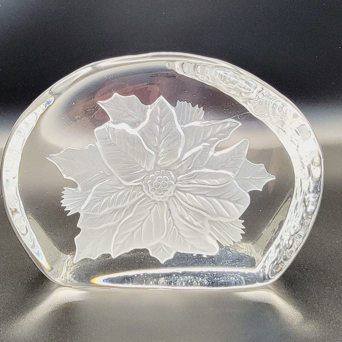 Vintage Christmas Holly Clear Glass Paperweight Frosted