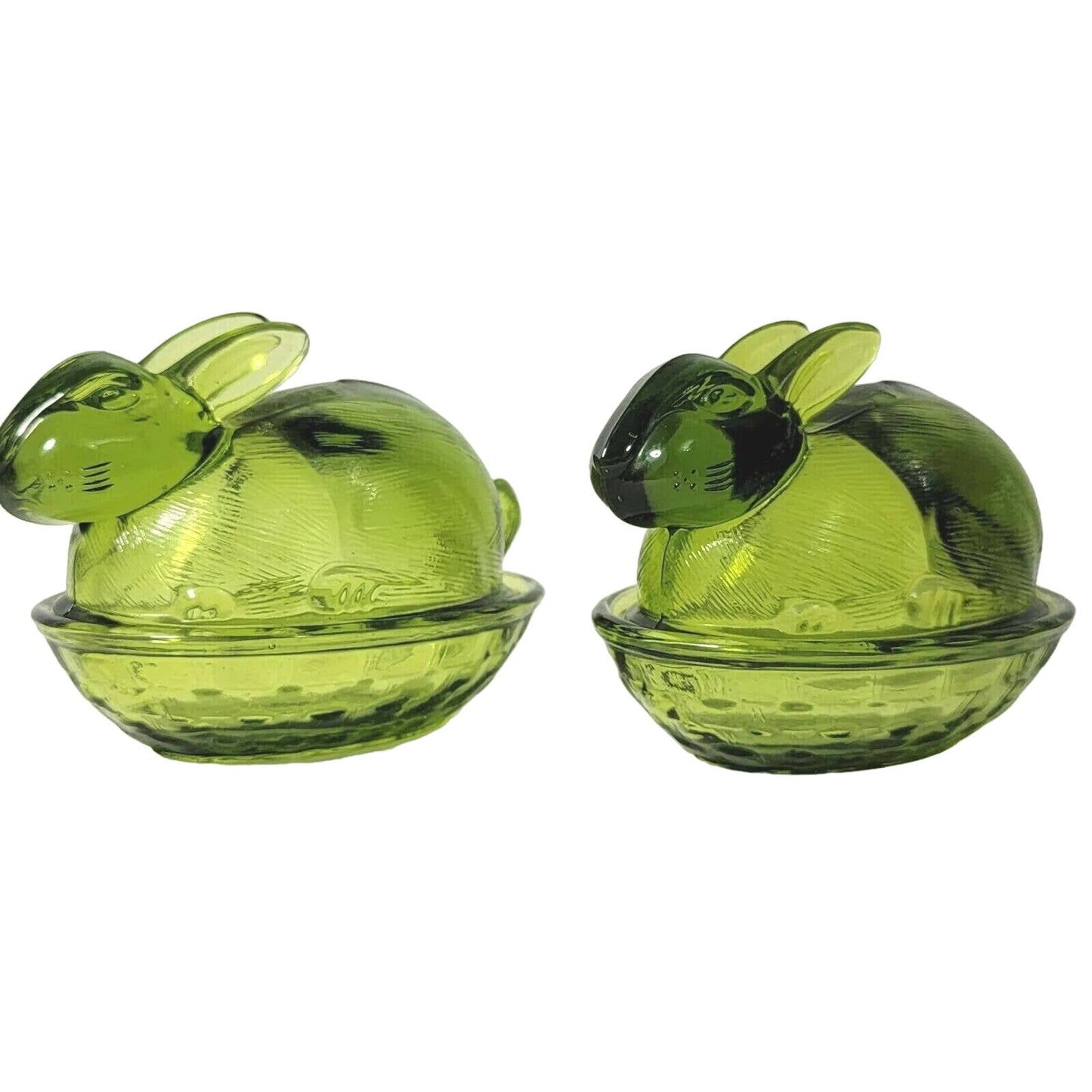 Set of 2 Vintage Green Glass Bunnies on Nest, Bunny on Nest, Easter Decor Spring