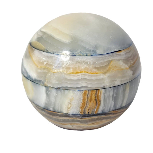 Stone Paperweight, Large Onyx Sphere, Banded Patchwork, Earth Tones, 4"