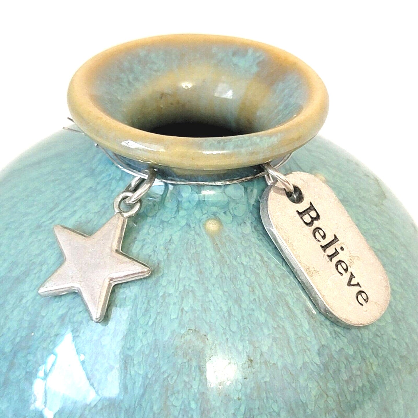 Blue Bud Vase Glossy Glaze Believe Charm 3" Tiny Vase, Gift for Girl, Coastal