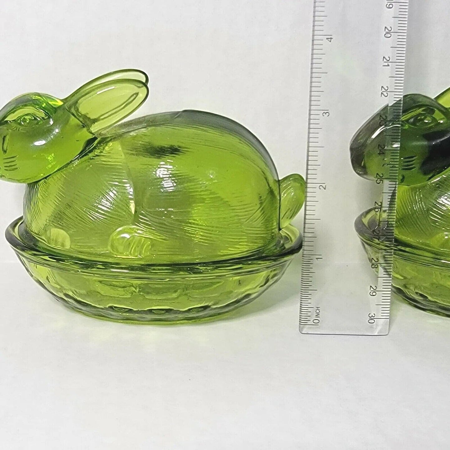 Set of 2 Vintage Green Glass Bunnies on Nest, Bunny on Nest, Easter Decor Spring