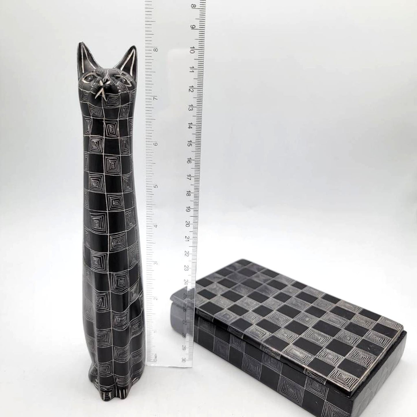 Vtg Soapstone Cat Figurine & Trinket Box 2 Piece Set Cat Statue 8.25" FLAW READ