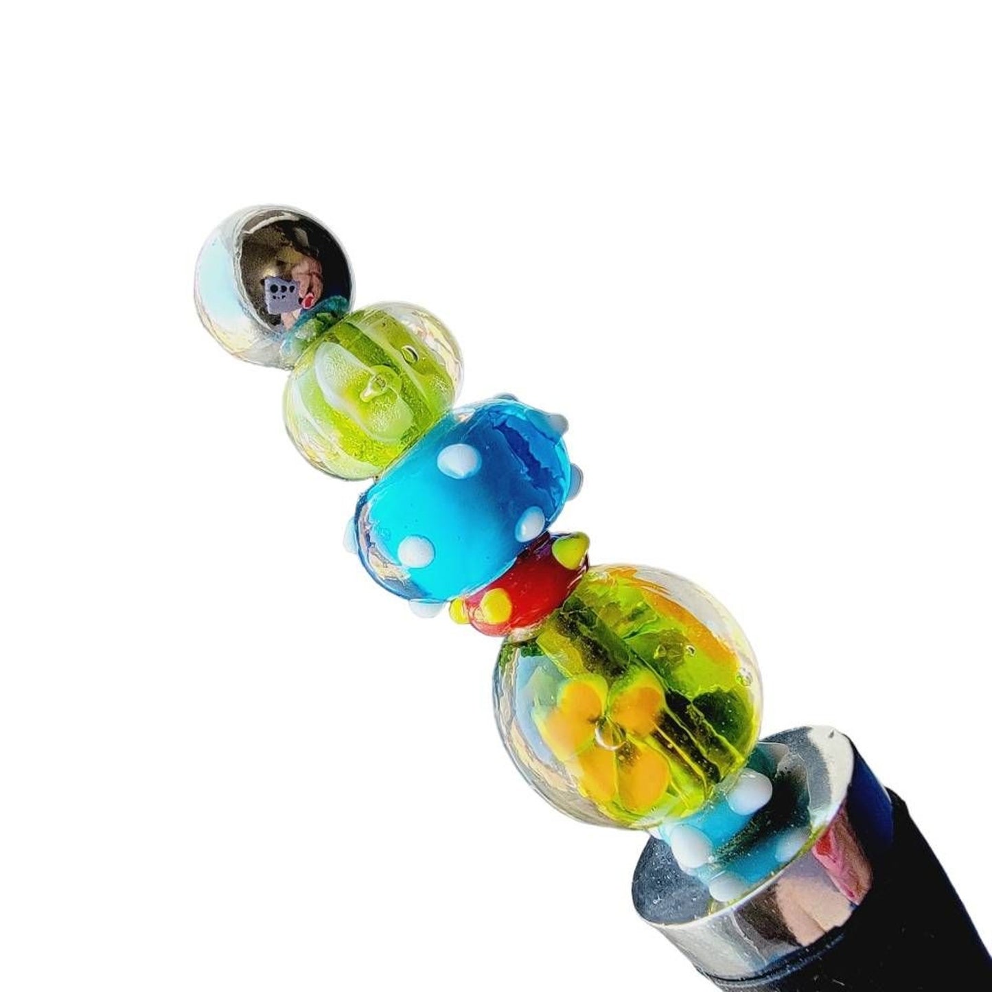 Bottle Stopper Blue Green Red Art Glass Bead Style Chrome Rubber BoHo Wine 5"