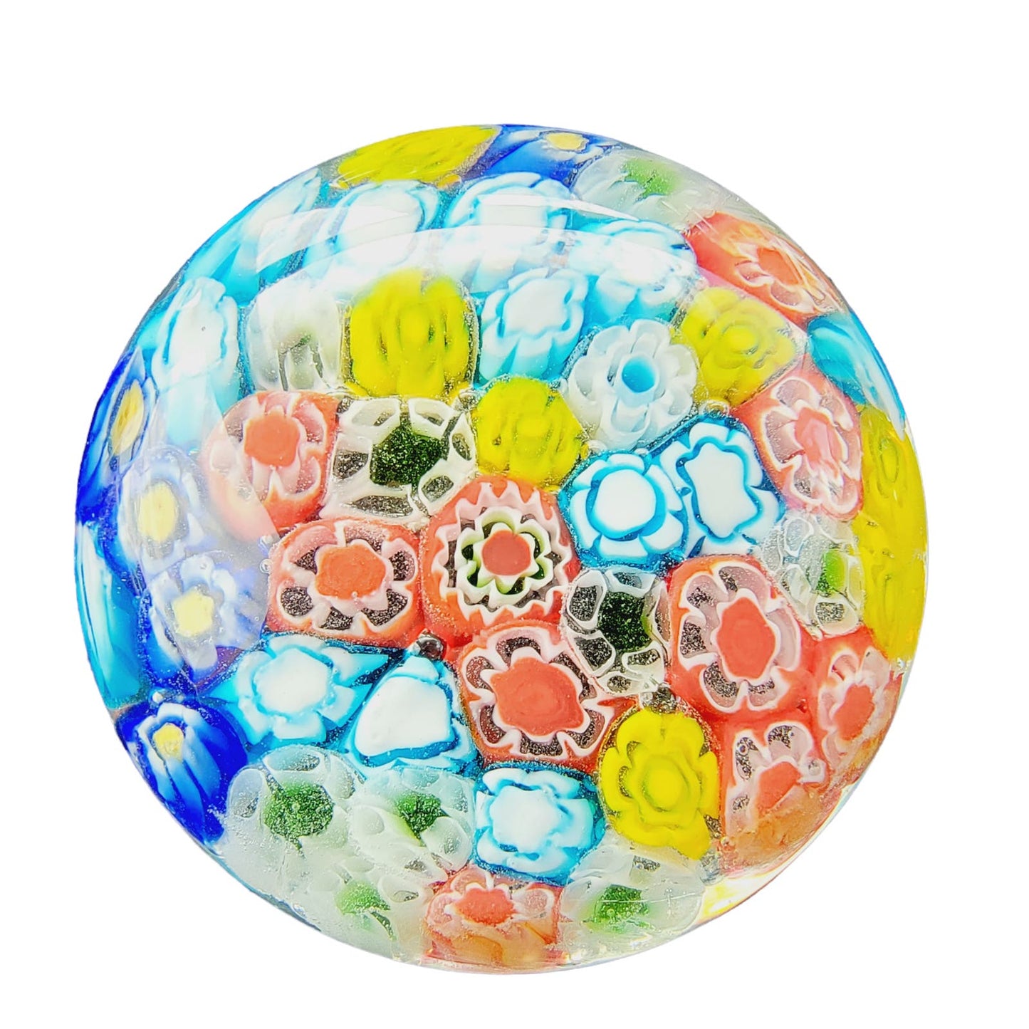 Hand-Blown Art Glass Paperweight, Multicolor Floral Millefiori Style Paperweight