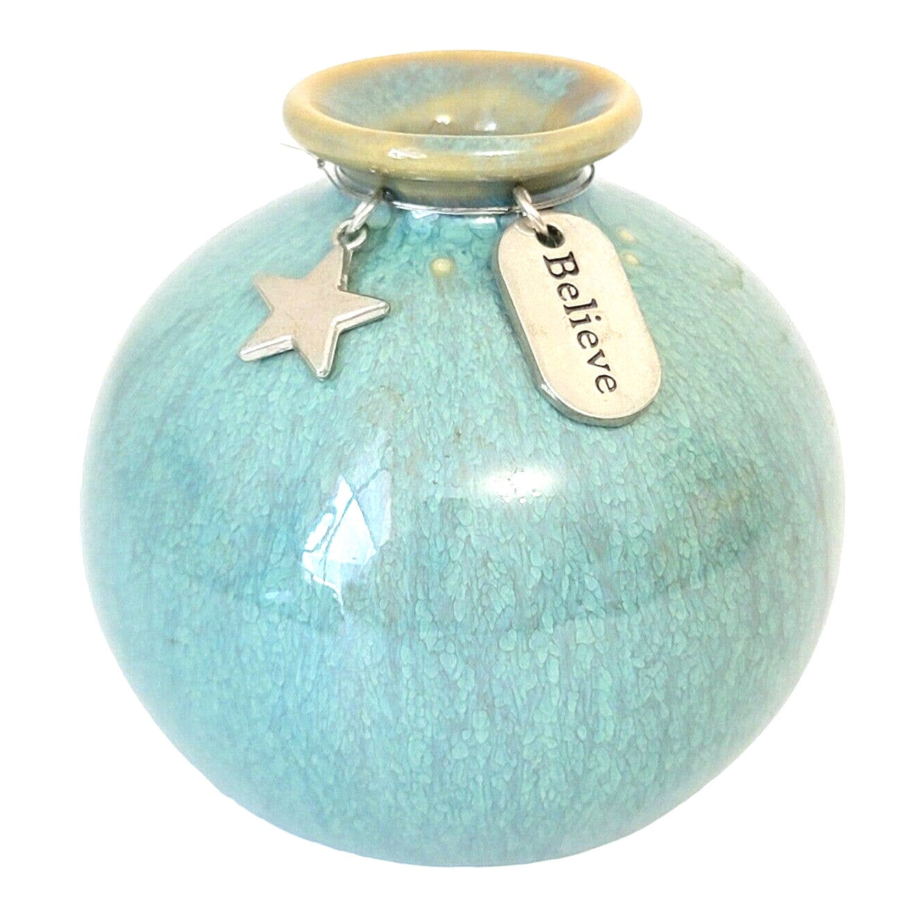 Blue Bud Vase Glossy Glaze Believe Charm 3" Tiny Vase, Gift for Girl, Coastal