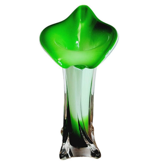 Art Nouveau Jack in the Pulpit Vase Green Glass 8" Calla Lily Vase Small Flaw