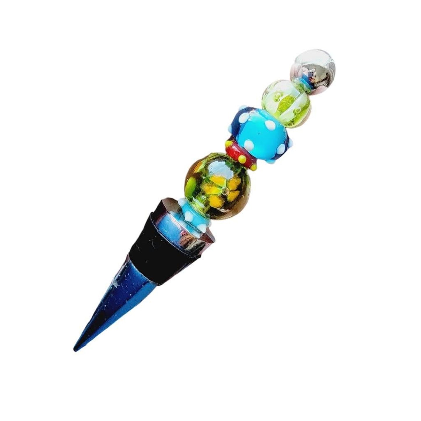 Bottle Stopper Blue Green Red Art Glass Bead Style Chrome Rubber BoHo Wine 5"