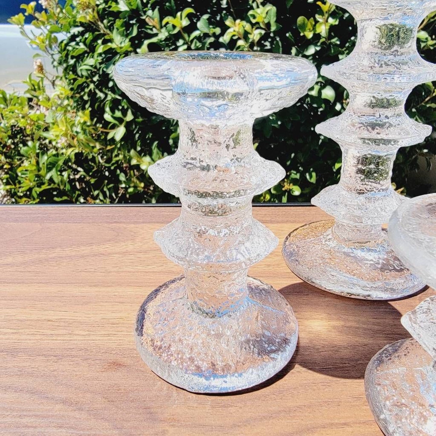 Iittala By Timo Sarpaneva Set Of 4 Candlestick Holders Ringed Pebble Art Glass Tiny Flaw