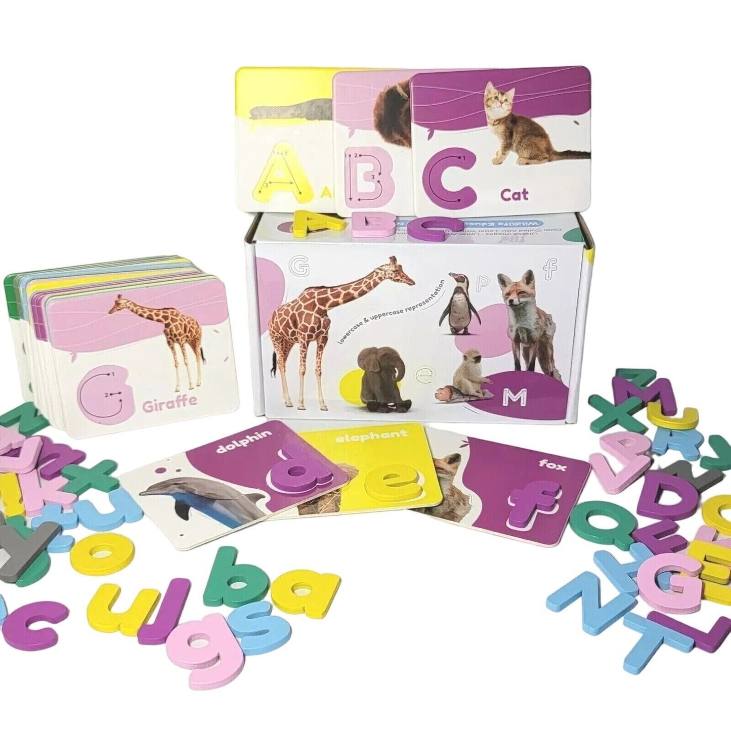 Capital & Lowercase Wooden Letters Alphabet & Animal Flash Cards Set ABC abc NIB