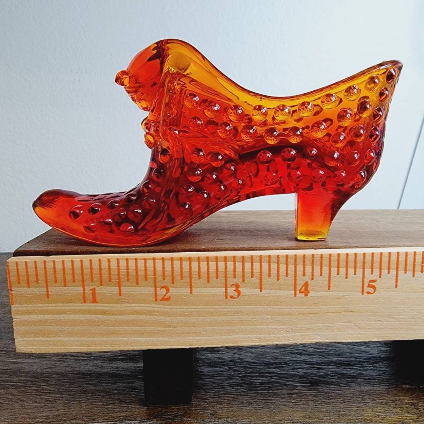 Vintage Fenton Hobnail Cat Head Slipper Figurine Amberina Art Glass Orange 5.5"