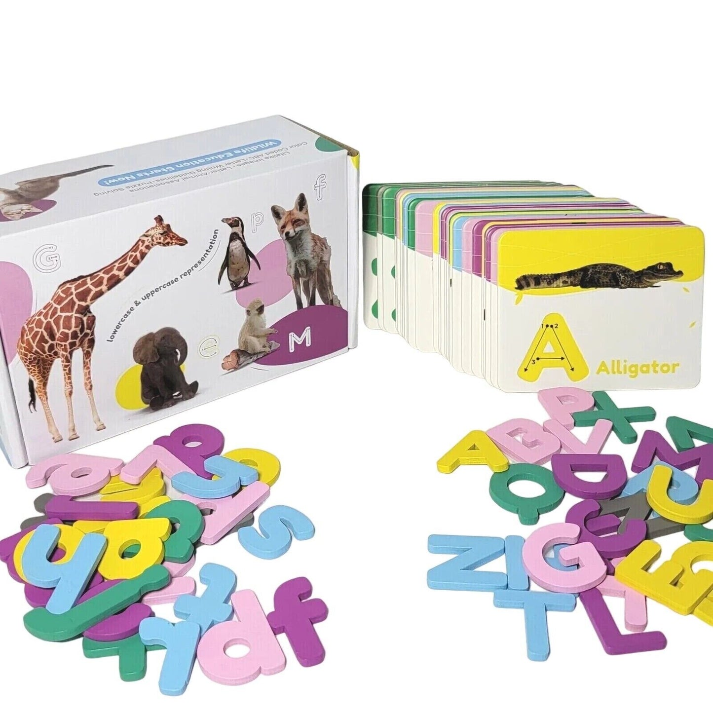 Capital & Lowercase Wooden Letters Alphabet & Animal Flash Cards Set ABC abc NIB